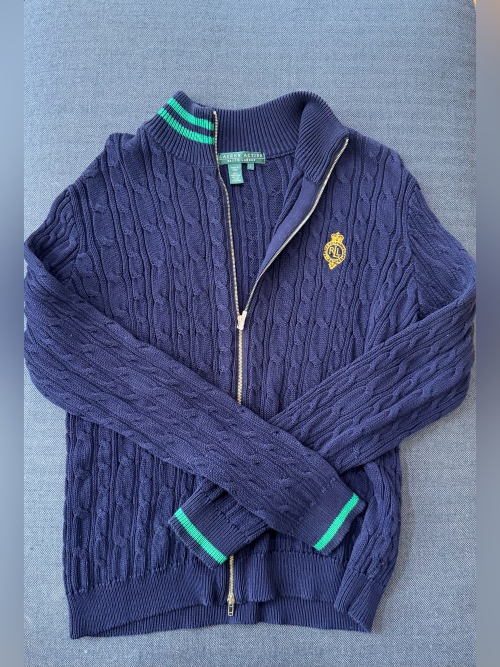 Ralph Lauren Navy Cable Zip Sweater with Green Trim & Gold Crest